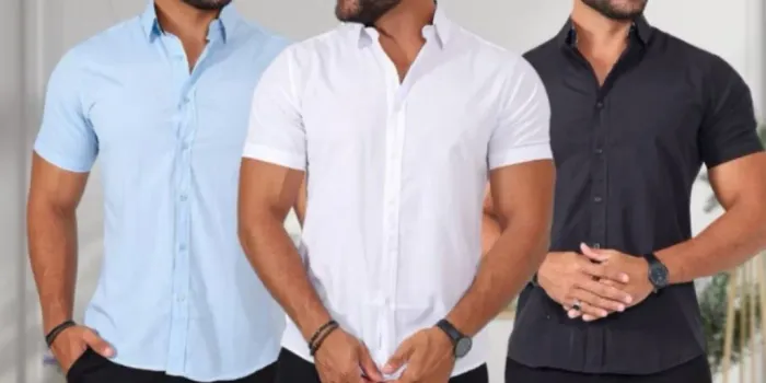 Kit 3 camisas social masculina manga curta slim fit luxo sem bolso algodão premium