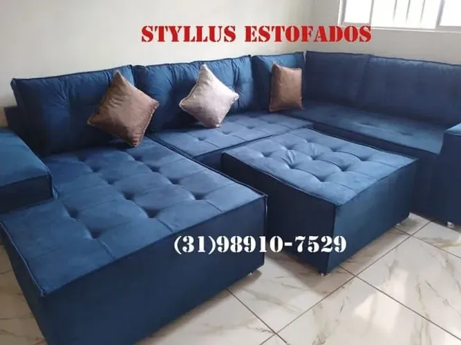 Sofá de Canto em Suede Azul - Novo