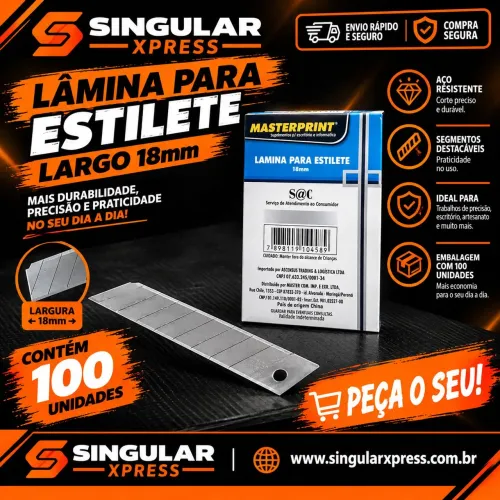 Lâmina Para Estilete Largo 18mm Com 100 Unidades