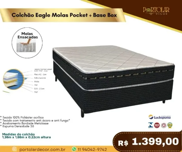 Colchão Eagle molas Pocket + base Box, a pronta entrega