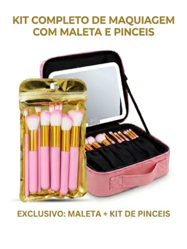 Maleta de Maquiagem e Cosméticos com Espelho Led 3 Tons + Kit de Pincéis 10 Peças