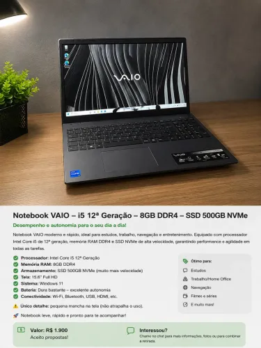 Notebook VAIO i5 12ª Geração | 8GB DDR4 | SSD NVMe 500GB | Bateria Excelente