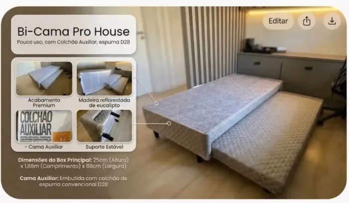 Bicama ProHouse Solteiro 88x188 - Pouco Uso + Colchão Auxiliar