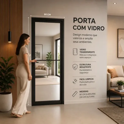 PORTA COM VIDRO PRETA 80x210 | LINHA PREMIUM | DIRETO DA FÁBRICA