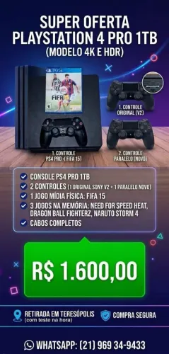 PlayStation 4 Slim 1TB Original + 1 Controle DualShock + FIFA 15 + 3 Jogos na Memória