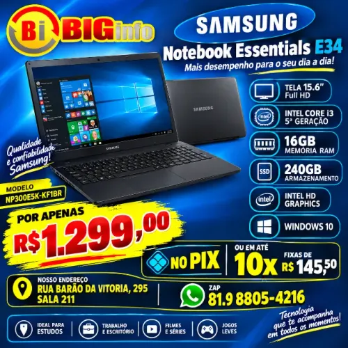 Samsung Notebook Samsung E34 Intel Core i3 16GB SSD 240GB Tela 15,6" - Em ate 10x Fixas
