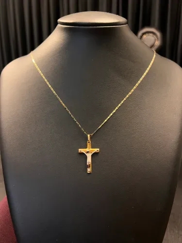 Conjunto Two Tones Crucifixo + Colar Piastrine em Ouro 18K 750