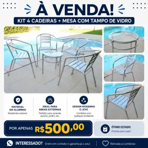 Kit 4 cadeiras e Mesa de Alumínio com Tampo de Vidro