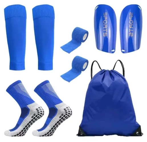 Kit meia antiderrapante pro soccer + meião cortado canelito + caneleira + bolsa mochila
