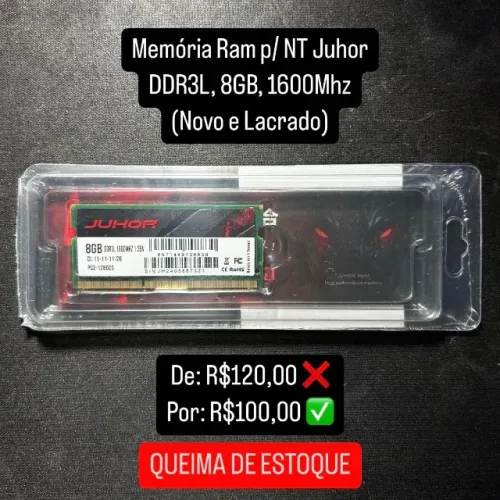 Memória Ram p/ NT JUHOR, 8GB, DDR3L, 1600Mhz (Novo e Lacrado)