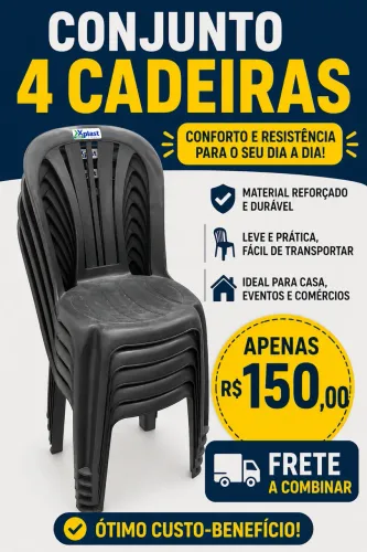 Conjunto 4 cadeiras de Plástico S/Braço Preta