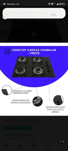 Cooktop 4 bocas preto 