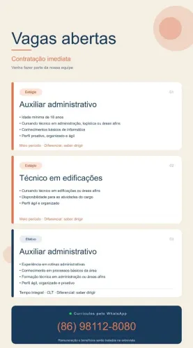 VAGAS DE TRABALHO/ESTÁGIO - TEC. EM EDIFICAÇÕES/EST. AUX. ADM./AUX. ADM EFETIVO