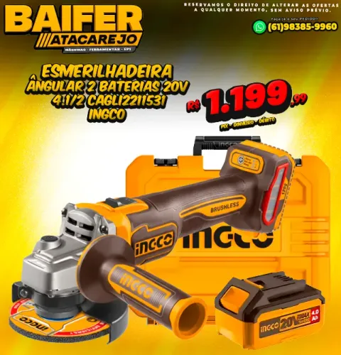 Esmerilhadeira Angular a Bateria 20V 4.1/2 CAGLI2211531 Ingco