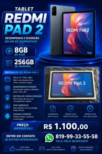 Redmi Pad 2 256GB | 8GB RAM | Estado de Novo | Nota Fiscal | R$ 1.100