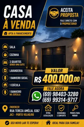 Casa à Venda em Porto Velho - 3 Quartos, Suíte e Edícula | Aceita Financiamento