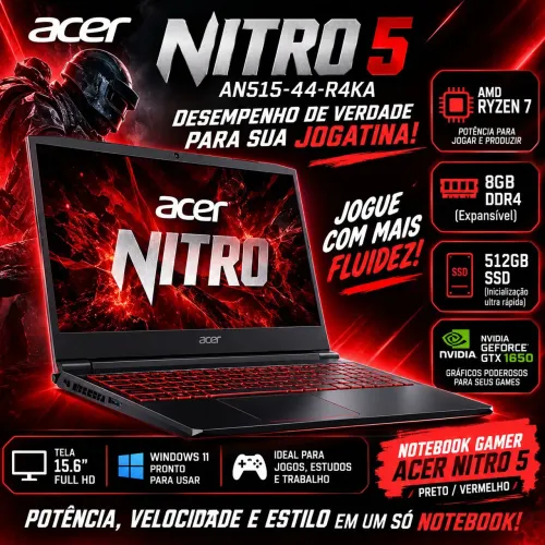 Notebook Gamer Nitro 5 An515-44-r4ka R7 8gb 512gb Gtx 1650 Preto/vermelho