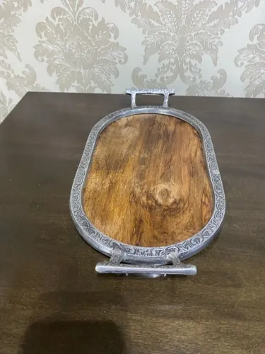 Bandeja De Madeira E Metal Oval 37x20