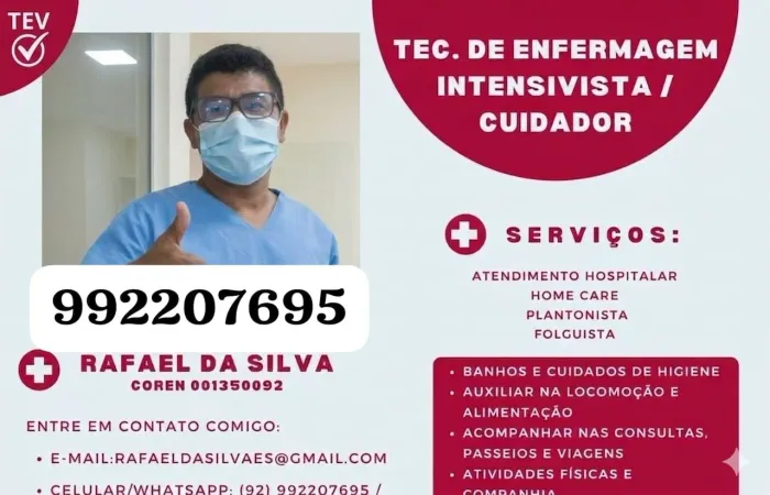 Técnico em enfermagem,  com ênfase em cuidar de idosos 