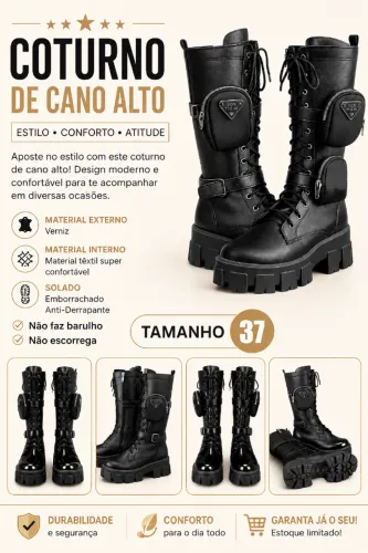 Coturno Feminino Cano Alto Tratorado Bota Preto Com Bolsinha