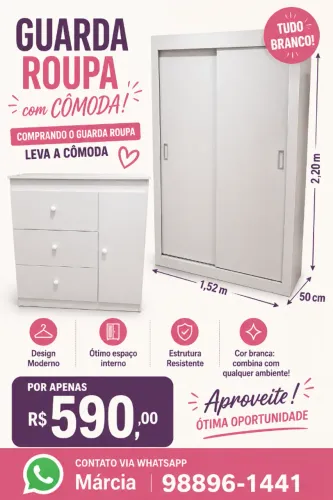 GUARDA-ROUPA 2 PORTAS (GRÁTIS CÔMODA 3 GAVETAS)