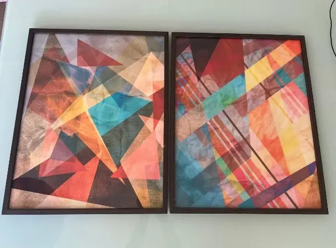 conjunto com 2 quadros abstratos geométricos 58 x 48 cm
