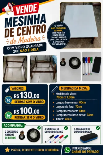Mesinha centro sala de madeira maciça com vidro e Cinzeiro de brinde