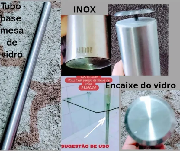 Base de mesa em inox para tampo de vidro.