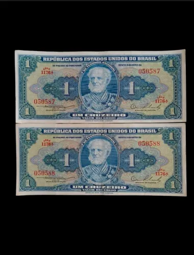 Par de cédulas fora de circulação de 1 Cruzeiro, 1950, em perfeito estado.