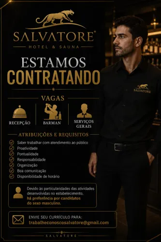 Salvatore Hotel & Sauna contratando - Recepção, Serviços Gerais e Barman