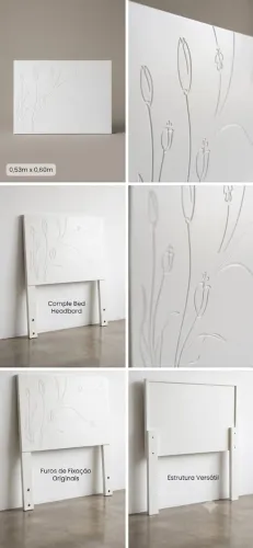 Cabeceira Cama de Solteiro Branca c/ Detalhes de Flores e Borboletas - Ótimo Estado