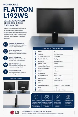 Monitor LG Flatron L192WS 19? Widescreen - 1440x900 | Funcionando