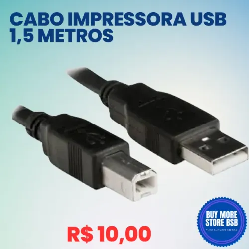 Cabo Para Impressora Usb 2.0 Epson Hp Canon 1,5 Metros Cor Preto