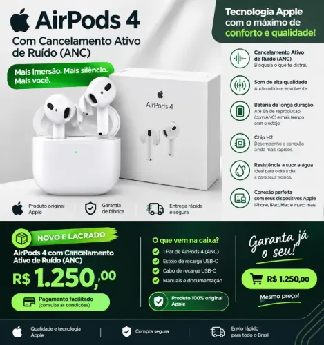 AirPods 4 com Cancelamento Ativo de Ruído (ANC) ? NOVO E LACRADO