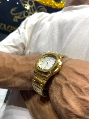 Relogio masculino elegante original banhado a ouro com caixa de brinde + garantia