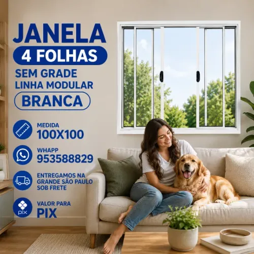 Janela 4 Folhas Modular Branca 100x100 Sem Grade em Alumínio - Entrega SP