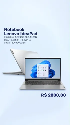 Notebook Lenovo IdeaPad Intel Core i5-1235U, 8GB, 512GB SSD, Tela 15.6" HD, Win 11, Cinza