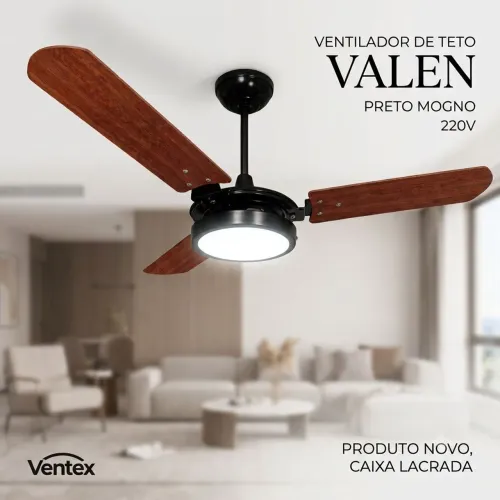 Ventilador de Teto Valen Preto Mogno c/ LED 220V - NOVO E LACRADO<br>