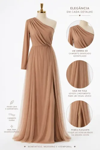 Vestido Longo de Festa Um Ombro Só com Tule e Fenda.
