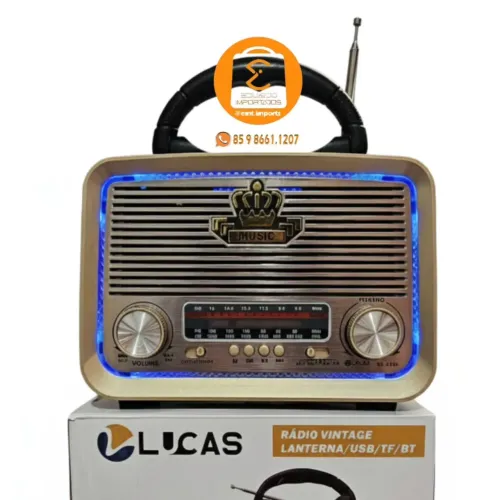 Rádio Vintage Bluetooth com Lanterna, USB, Cartão de Memória, Antena FM/AM
