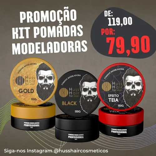 KIT 03 POMADAS MODELADORA EFEITO TEIA, GOKD e BLACK