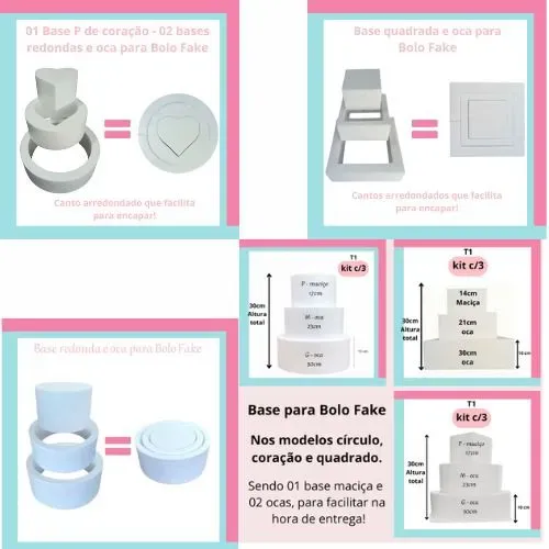 Base em isopor para Bolo Fake Modelo Coração, Quadrado ou Redonda