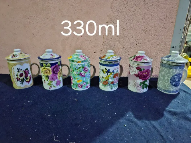 Jogo de 6 Canecas de Cerâmica com Tampa 330ml - Flores e Pássaros