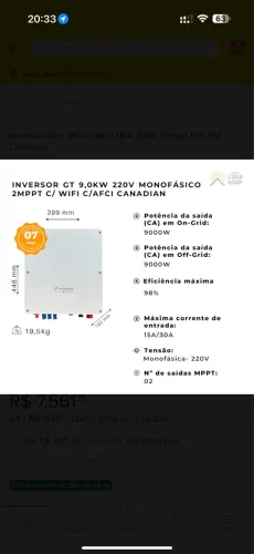 Inversor Solar Monofásico 9kw 220v 2mmpt Wifi Afci Canadian