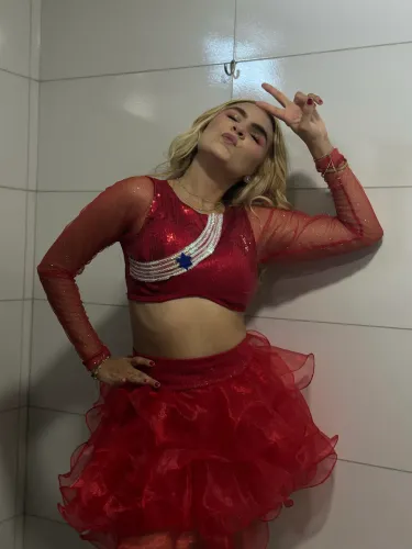 Fantasia, saia brilhosa e blusa