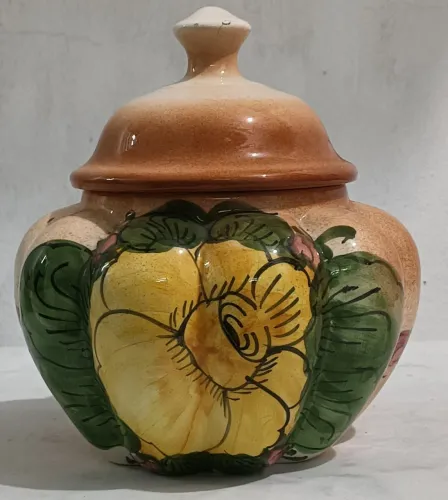 Pote Decorativo de Cerâmica com Desenho Floral  Anos 80 Vintage 