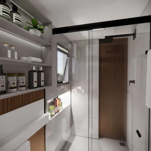 Banheiro moderno com decoração clean e elegante
