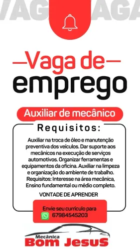 Vaga para auxiliar de mecânico