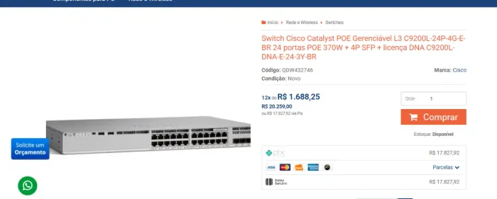 Switch Cisco Catalyst POE Gerenciável L3 C9200L-24P-4G-E-BR 24 portas