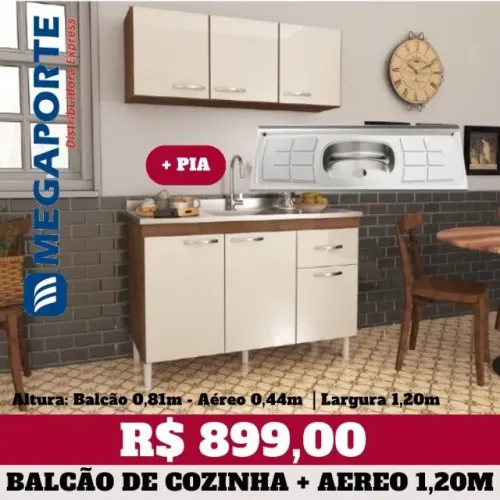 Balcão de Cozinha com Pia de Inox 1,20m + Aéreo 3 Portas (Novo) Entrega Grátis!